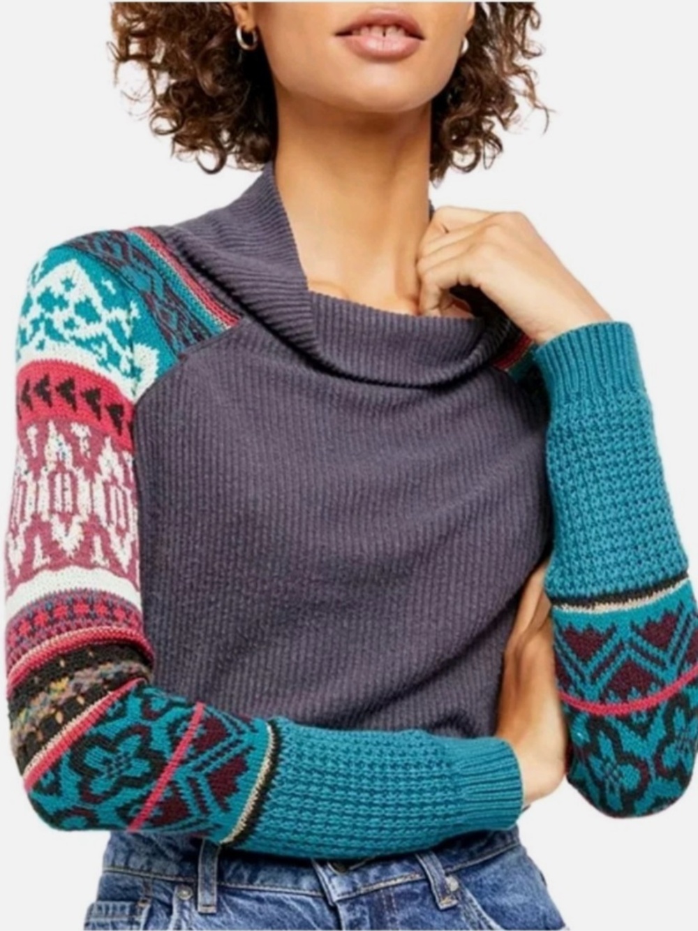 Free People Prism Fair Isle Sweater Gray Ribbed Boho Thermal Pullover Top Size M